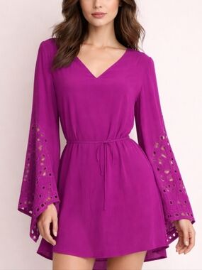 Ramy Brook NWT Magenta Silk Blend Beaded Sleeve Mini Dress S Boho Luxe